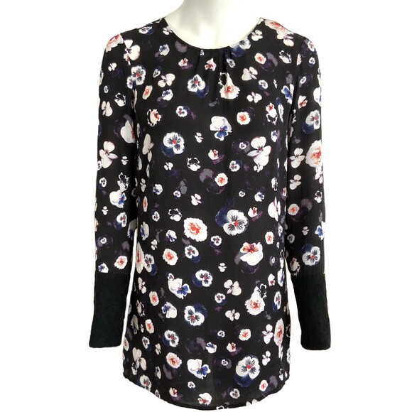 Guess Los Angeles Multi BlackPansies Open Back Long Sleeve Top M - Picture 1 of 10